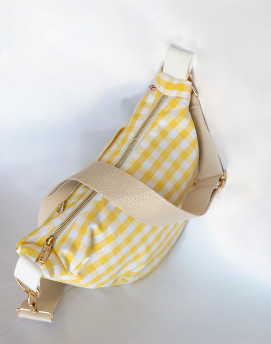 Sac demi-lune Vichy Soleil – Jaune & Écru (24x17 cm)